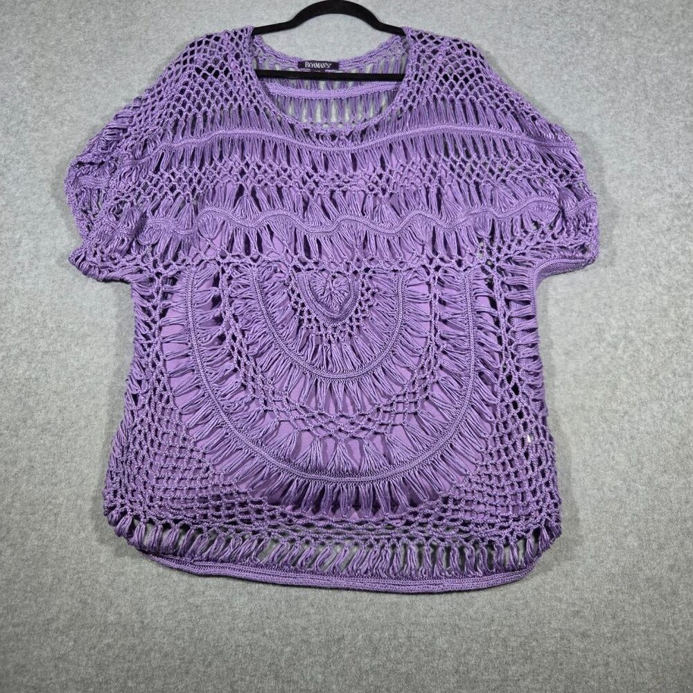 Roaman's Purple Crochet Knit Top Boho Short Sleeve Mandala Fringe Plus 14/16